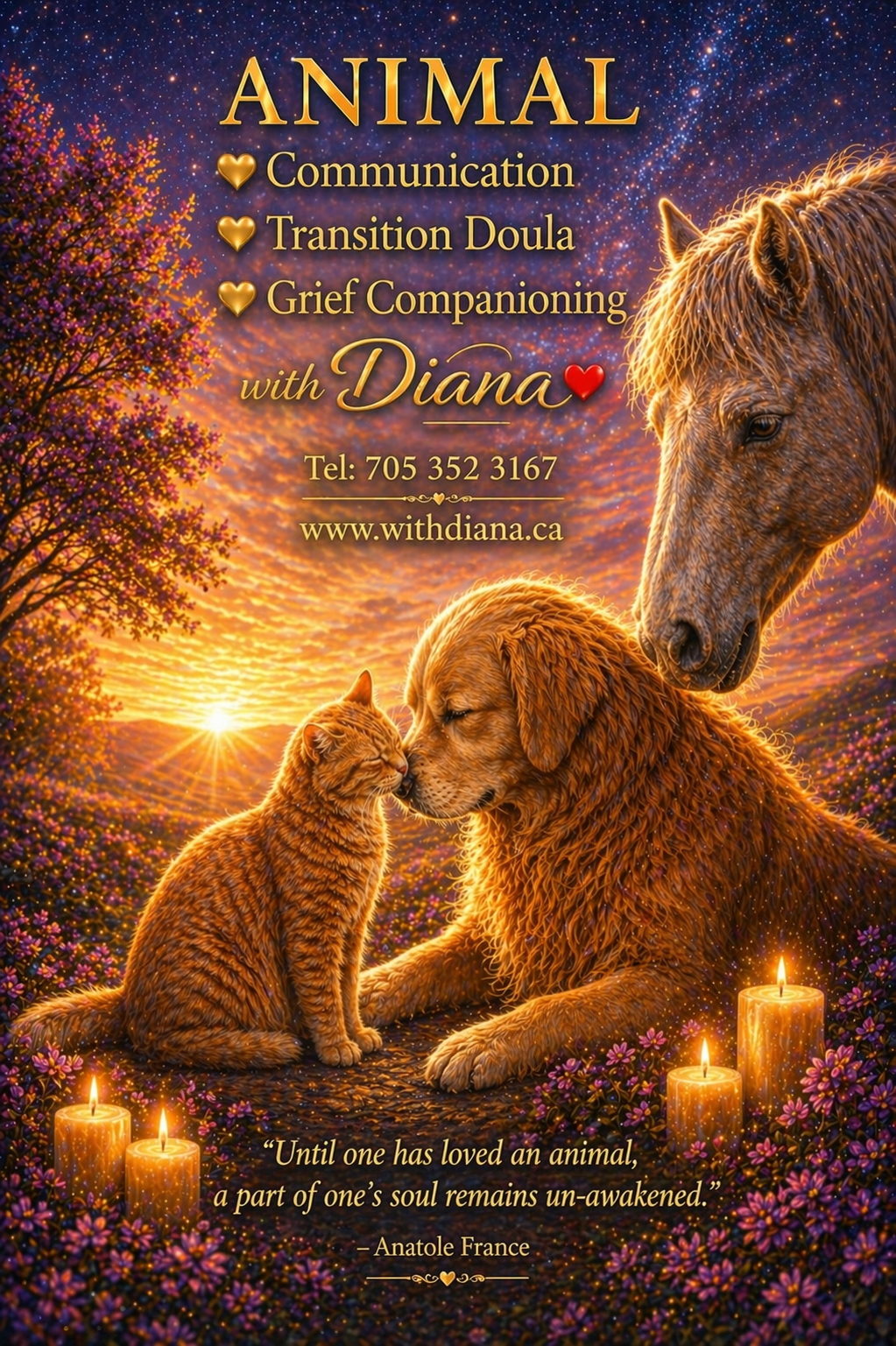 Animal Communication with Diana flyer showing a horse, dog, and cat at sunset.